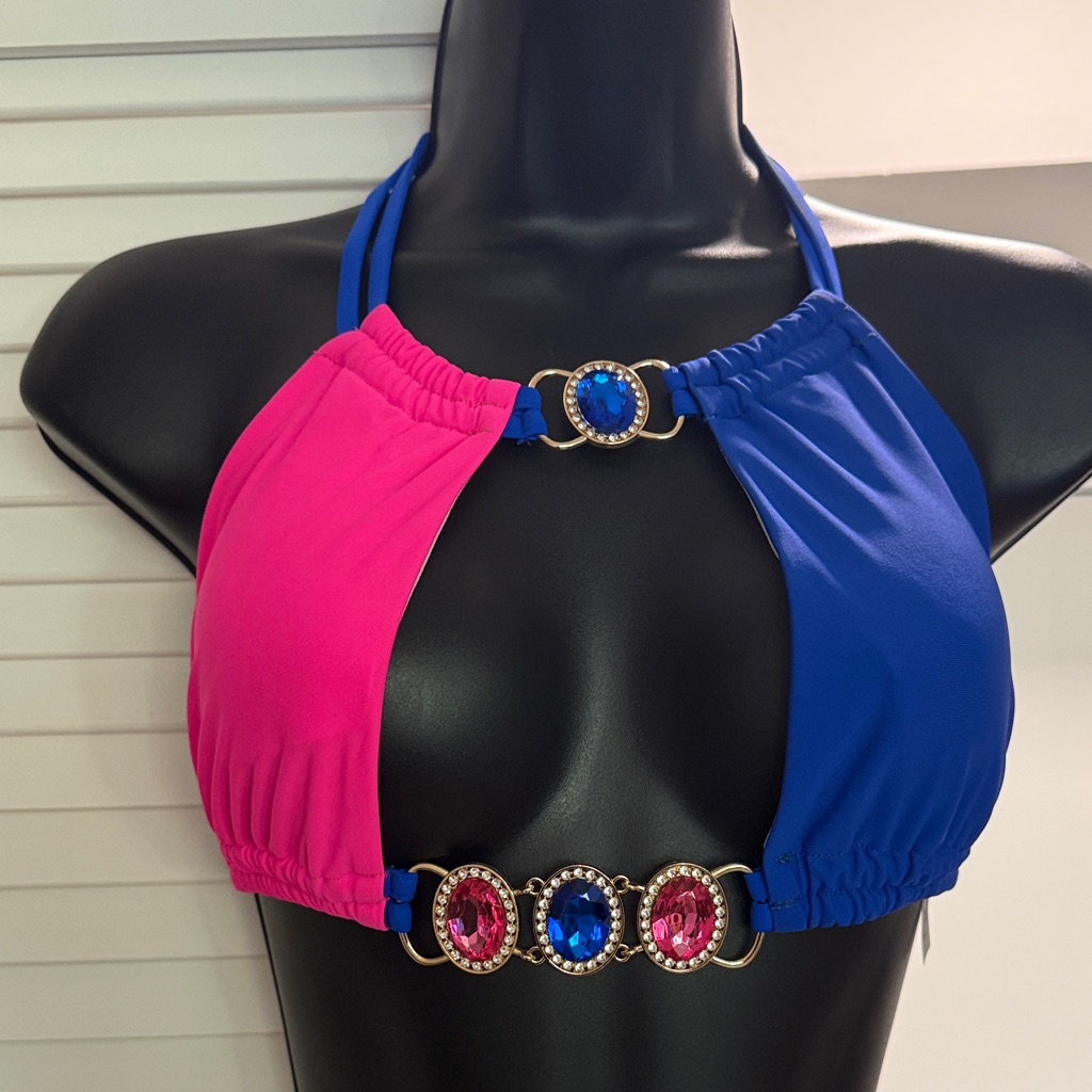 Pink And Blue Halter Bikini Top With Jewel Accents